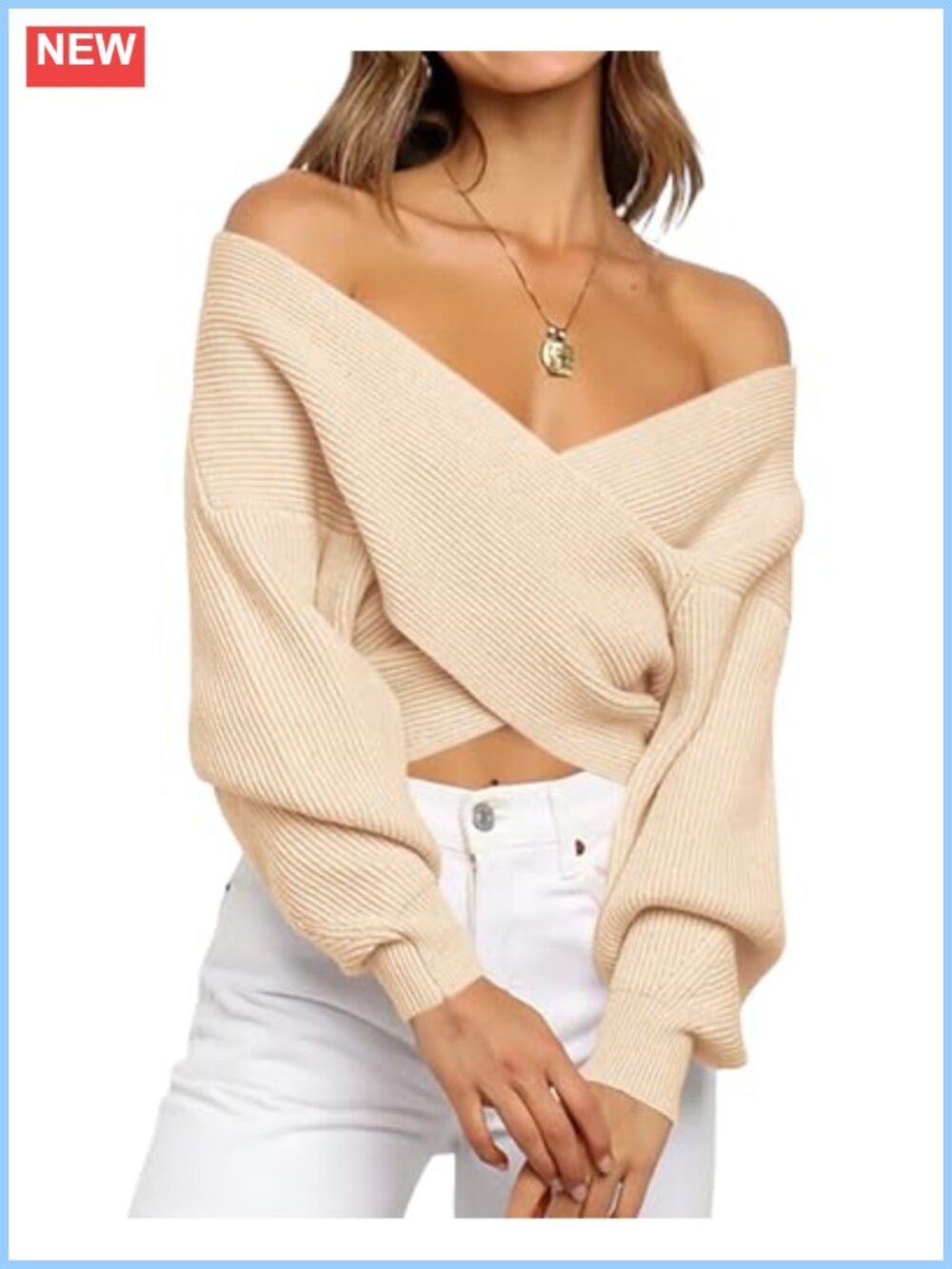 Off Shoulder Knit Pullover Sweater Lantern Sleeve Wrap V-Neck